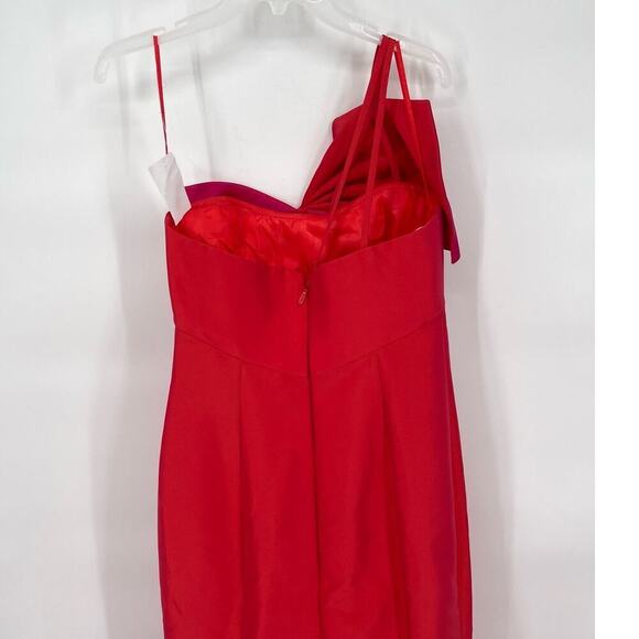 NWT Amsale Coral Fuchsia Duchess Satin Oversize Bow One Shoulder Gown size 6 - Picture 6 of 12